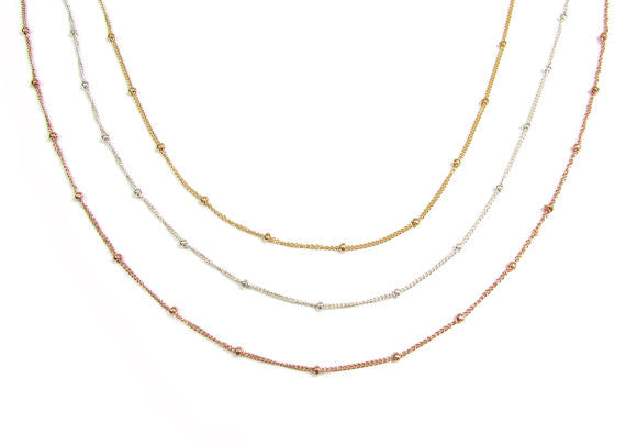 Set of 3 Layering Necklaces- Tiny Hammered Bead Necklace, Beaded Satellite Chain Necklace and Vertical Polished Bar Necklace