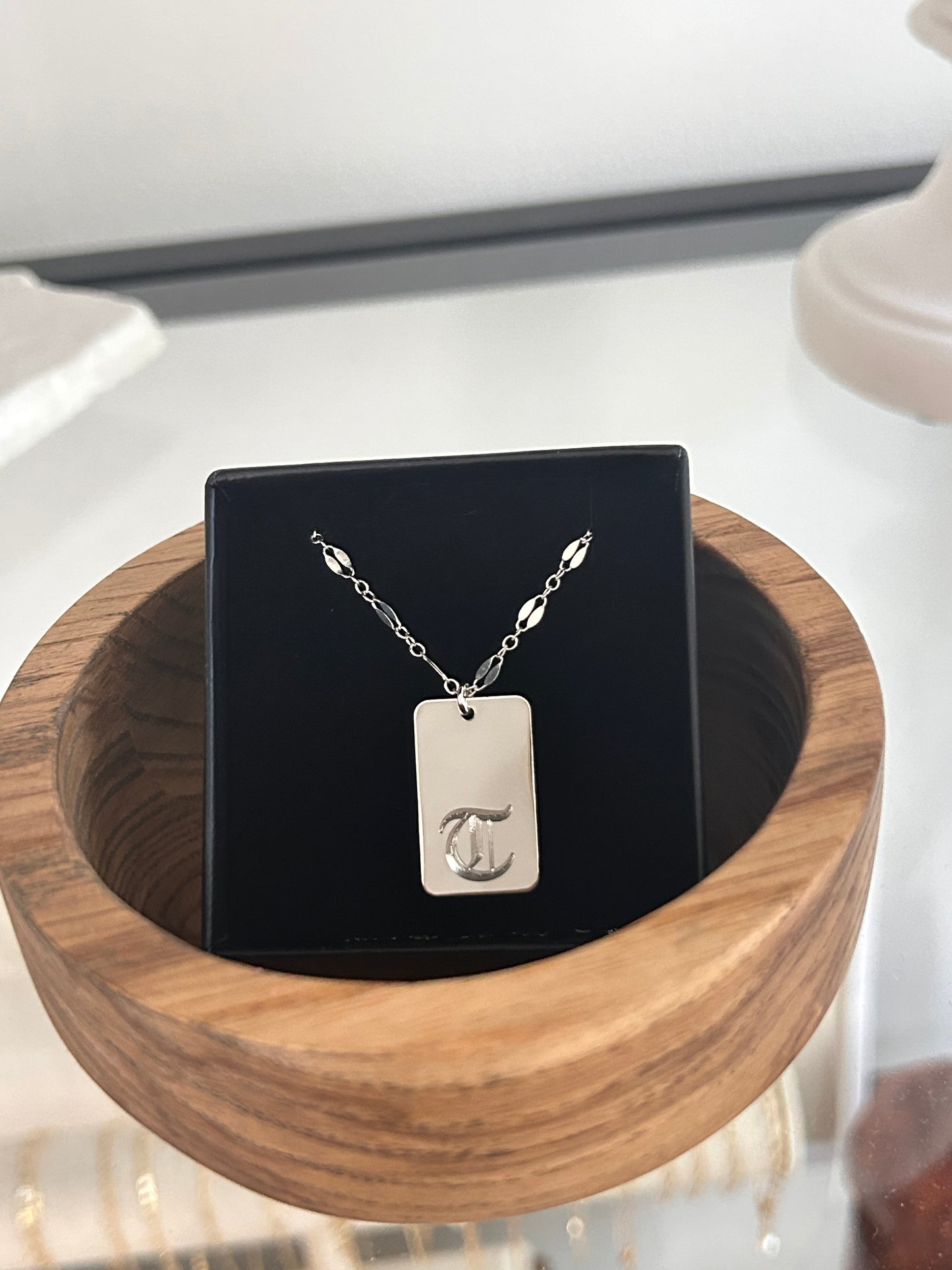 Engraved Old English Initial Dog Tag Necklace