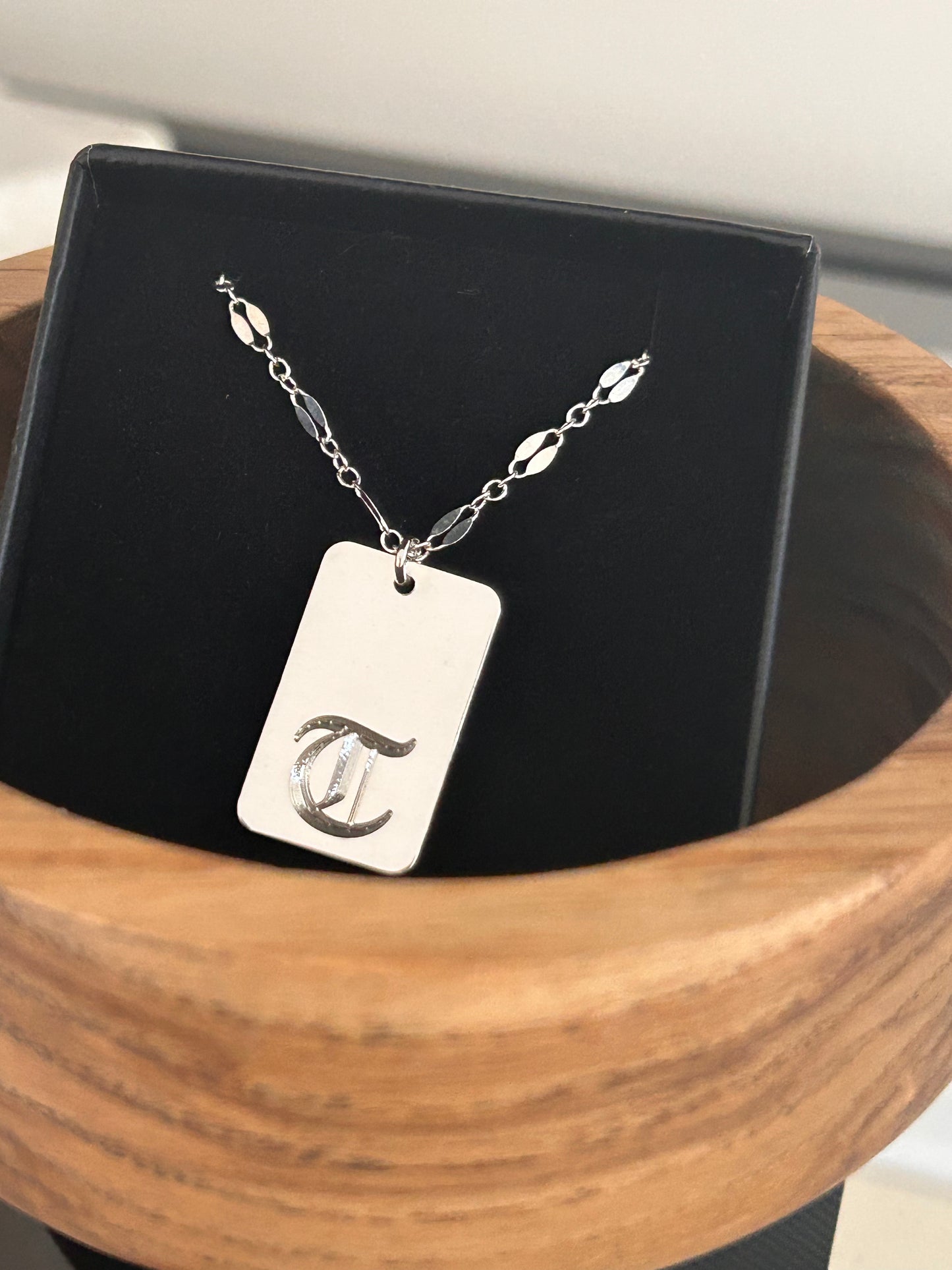 Engraved Old English Initial Dog Tag Necklace