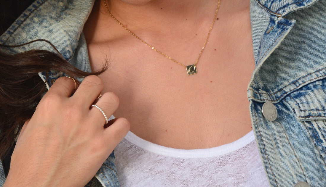 14K Engraved Initial Square Necklace