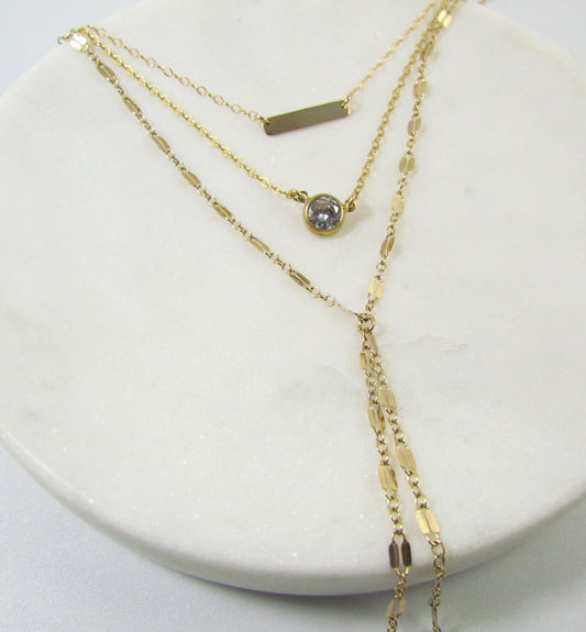 Set of 3  Layered Necklaces- Bar • CZ • Lariat