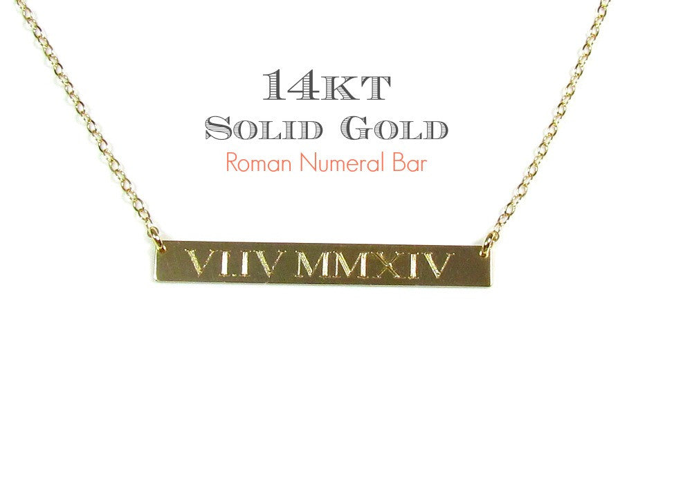 14K Roman Numeral Personalized Bar Necklace