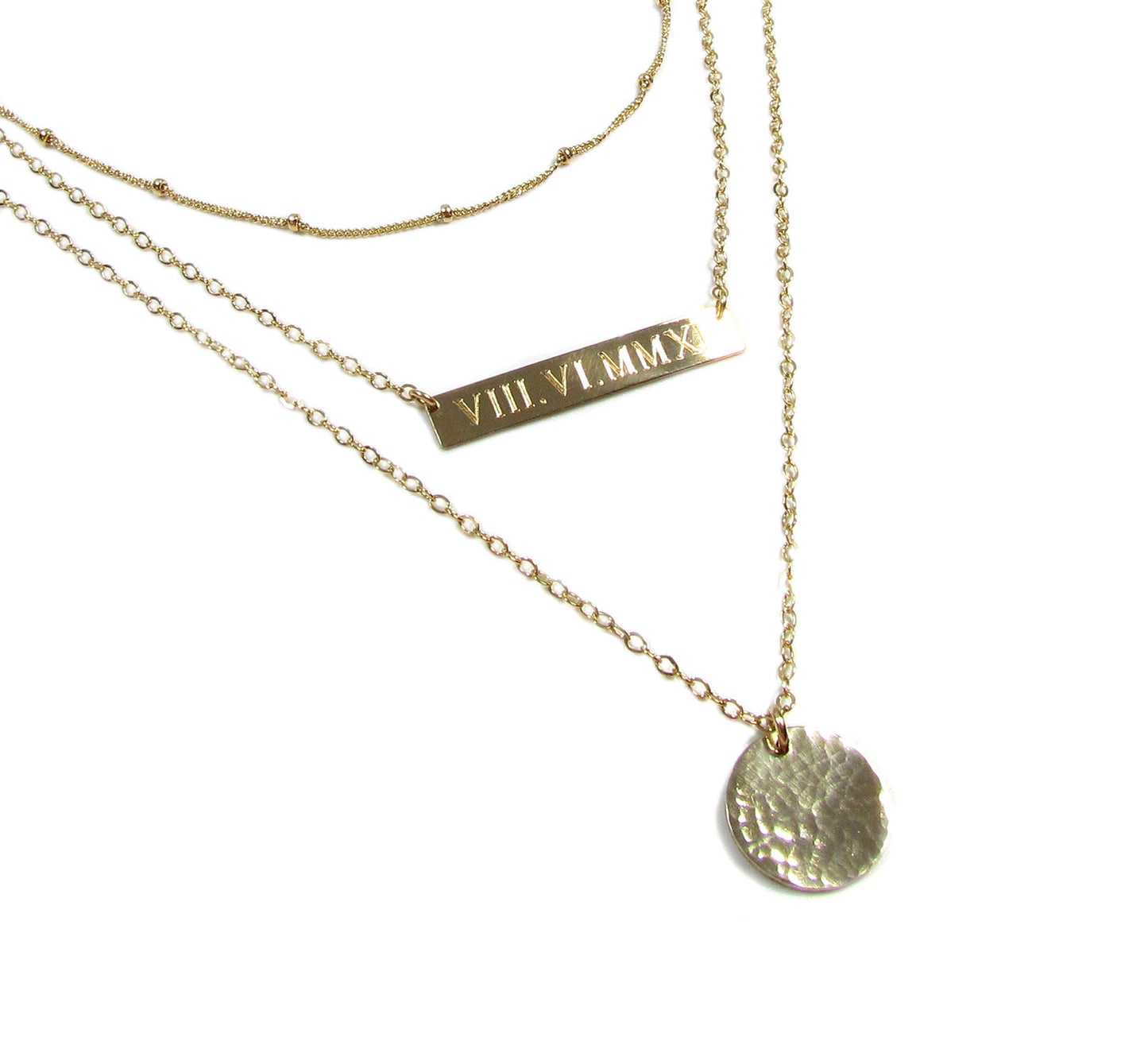 Set of 3 Layering Necklaces with Personalized Engraved Bar Necklace