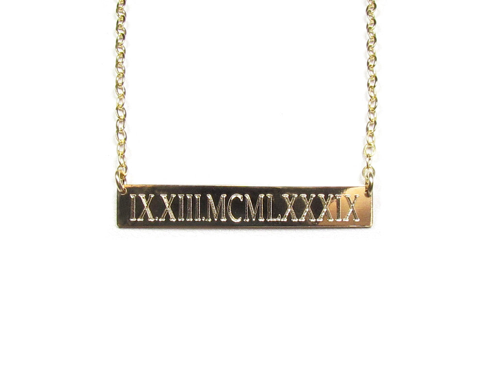 Engraved Roman Numerals Date Bar Nameplate Necklace