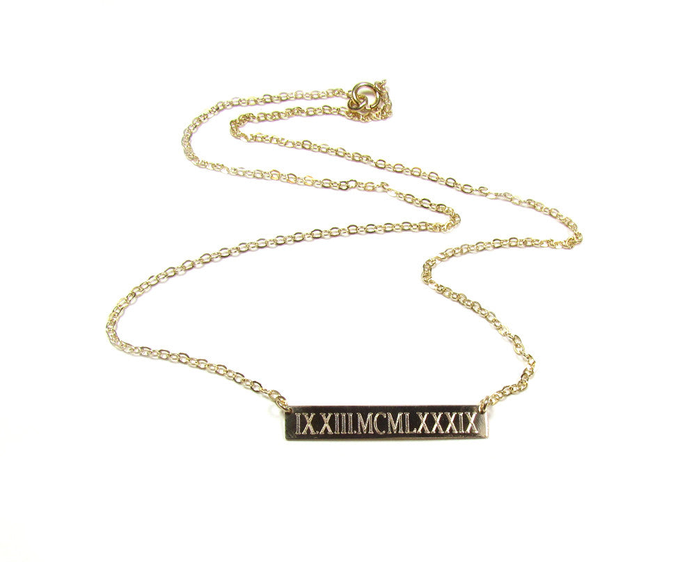 Engraved Roman Numerals Date Bar Nameplate Necklace