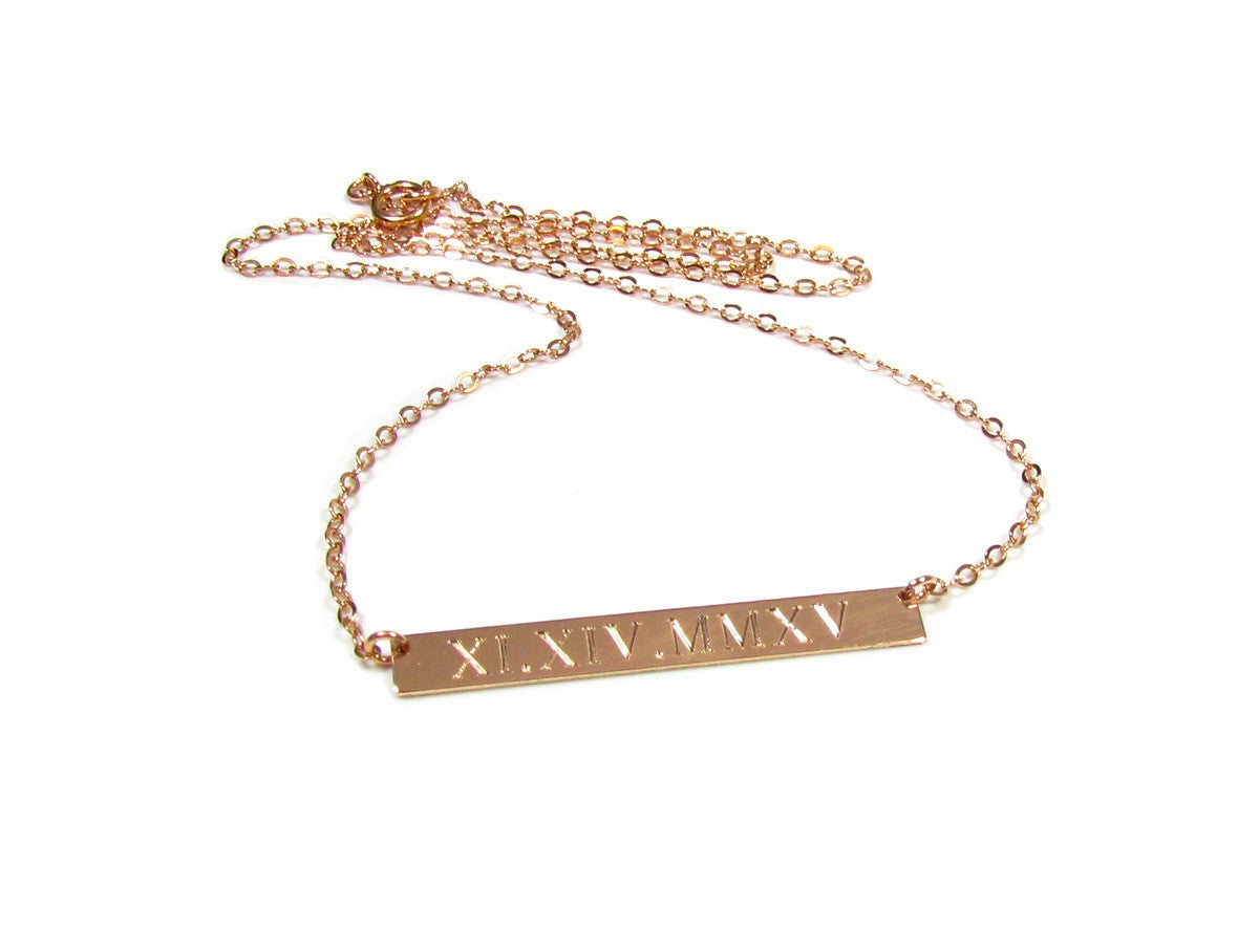 Engraved Roman Numerals Date Bar Nameplate Necklace