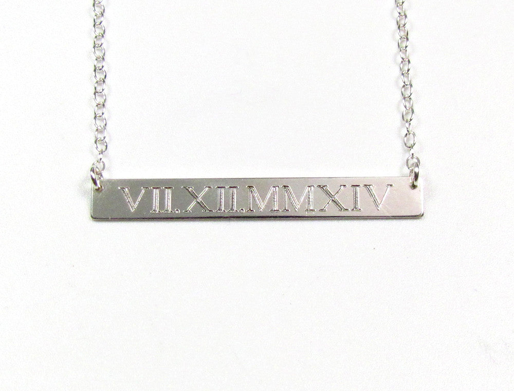 Engraved Roman Numerals Date Bar Nameplate Necklace