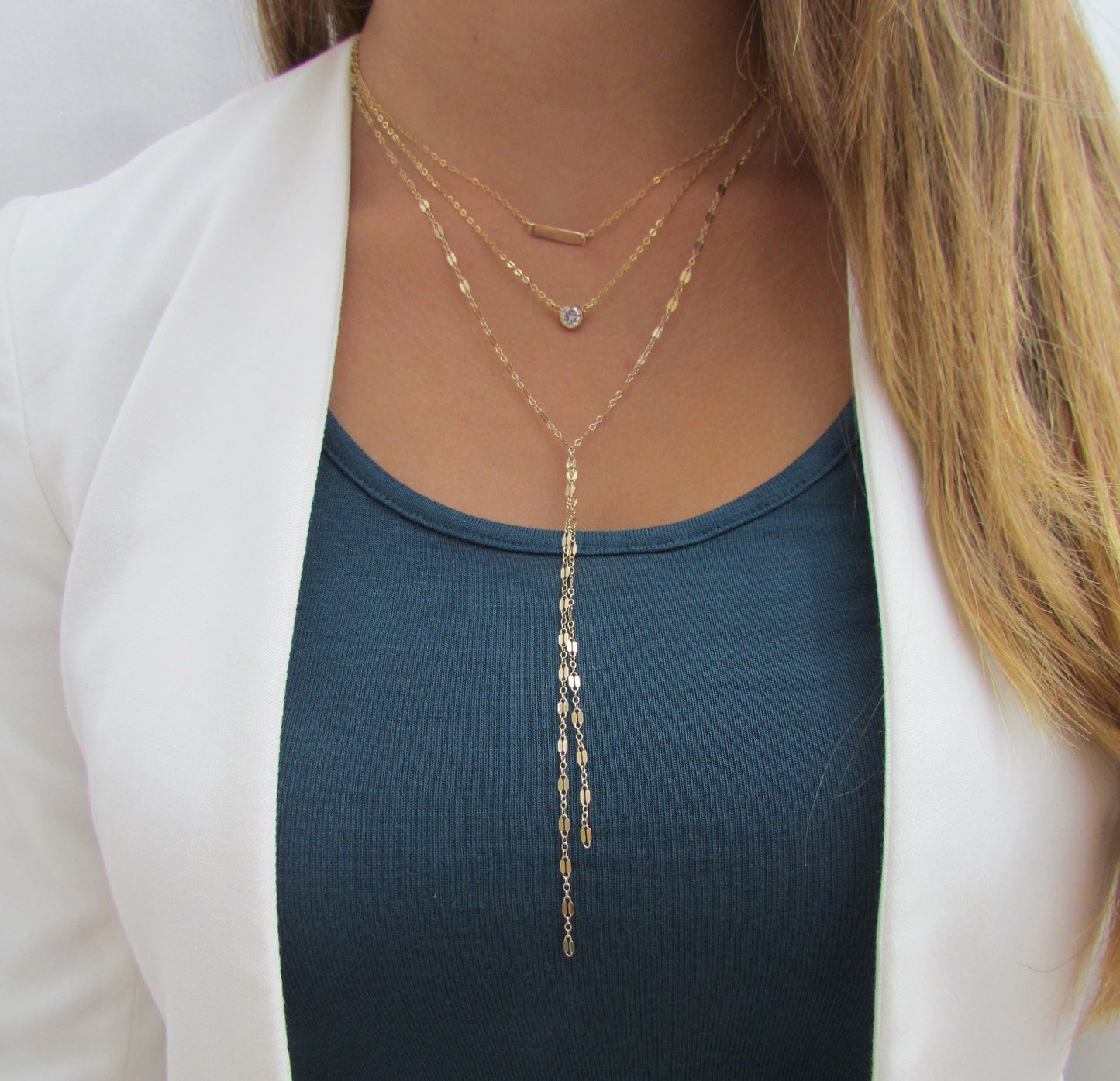 Set of 3  Layered Necklaces- Bar • CZ • Lariat