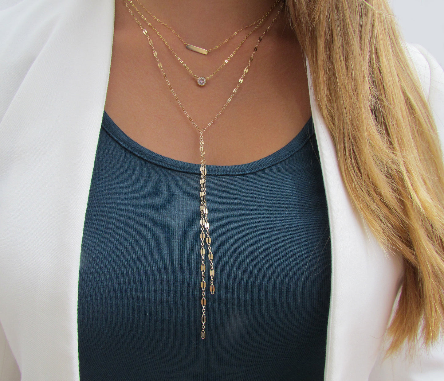 Set of 3  Layered Necklaces- Bar • CZ • Lariat