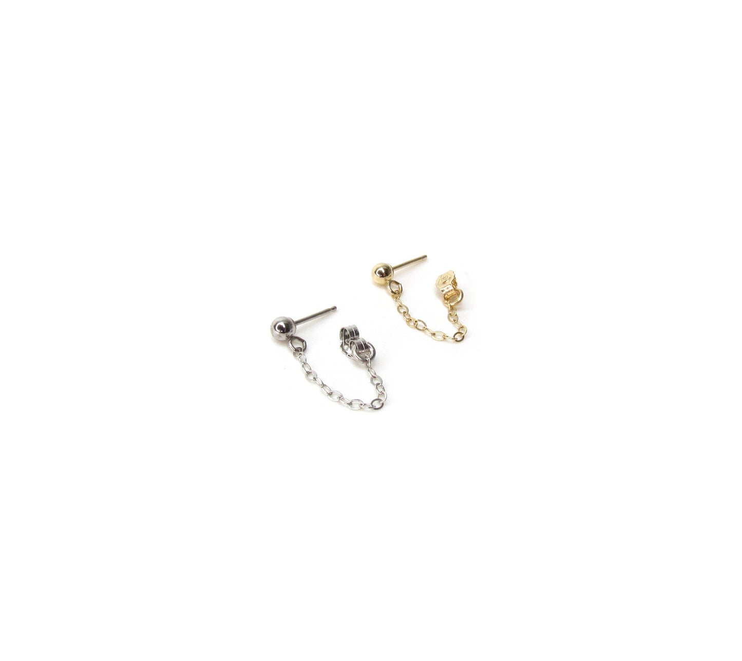14K Ball Stud Front to back Chain Earrings