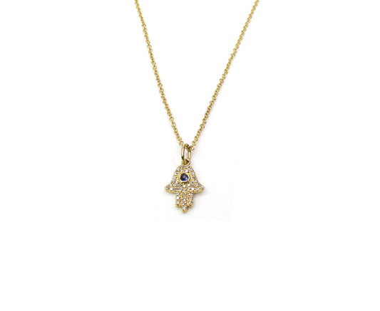 14K Diamond & Sapphire Hamsa Hand Necklace
