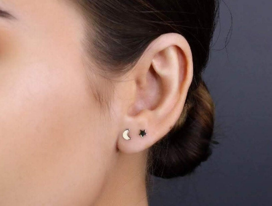 14K Moon and Star Studs • Mis-Matched PAIR