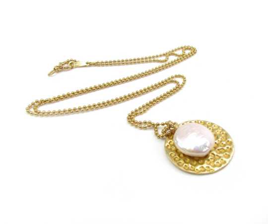 Coin Pearl & Hammered Disc Necklace