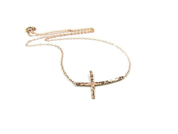 Keeping the Faith Set: Curved Sideways Cross and Tiny Hammered Ball Necklace