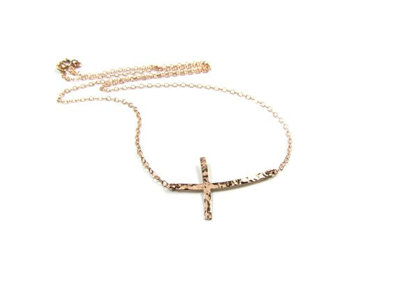 14K White Gold Sideways Red & Clear CZ Curved Cross Necklace (0.35