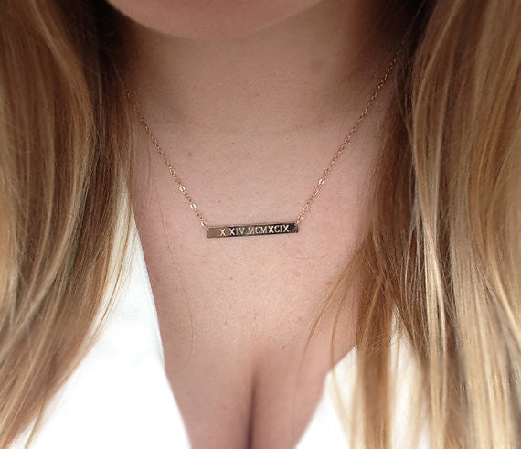 Engraved Roman Numerals Date Bar Nameplate Necklace