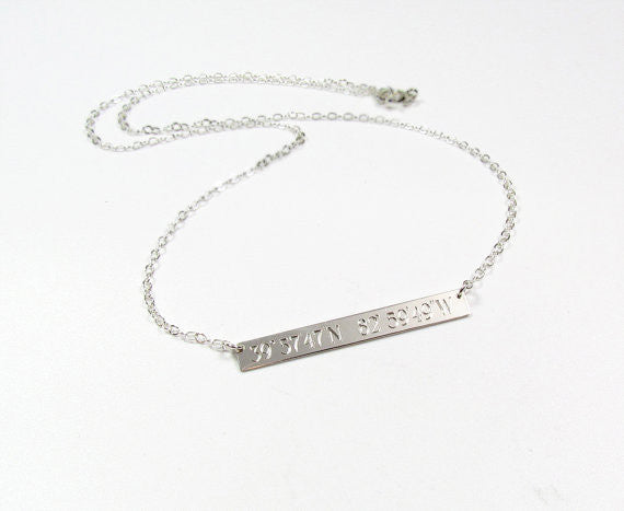 Coordinates Engraved Name Plate Bar Necklace