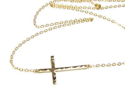 Hammered Sideways Cross Necklace