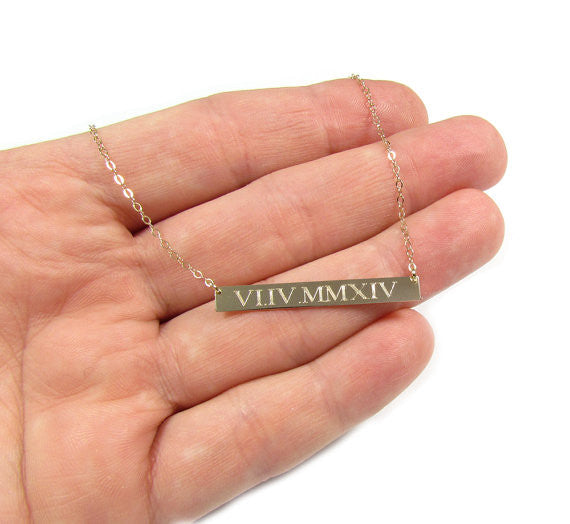 14K Roman Numeral Personalized Bar Necklace