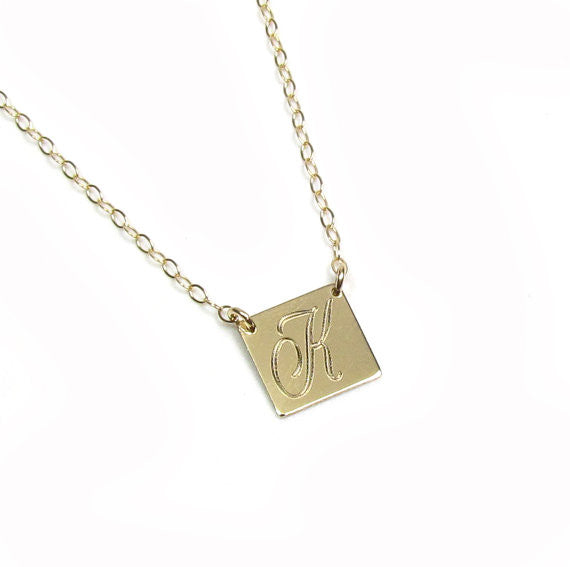 14K Engraved Initial Square Necklace