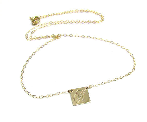 14K Engraved Initial Square Necklace