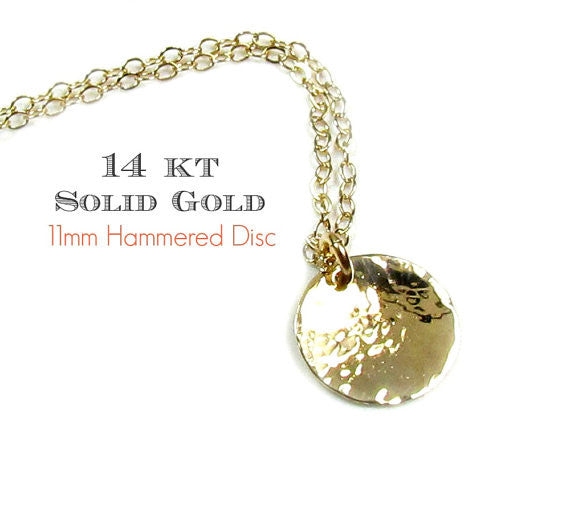 Hammered Disc Engraved Necklace • 14KT Solid Yellow Gold