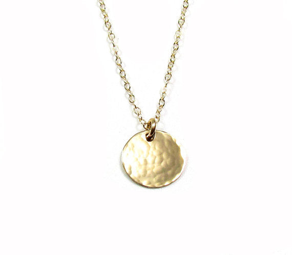 Hammered Disc Engraved Necklace • 14KT Solid Yellow Gold