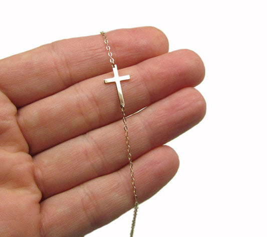 14K Skinny Tiny Sideways Cross Necklace