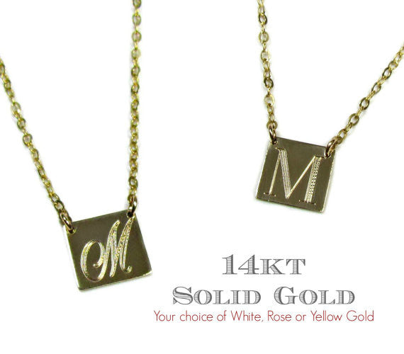 14K Engraved Initial Square Necklace