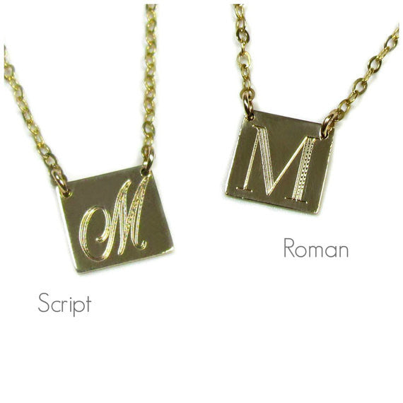 14K Engraved Initial Square Necklace