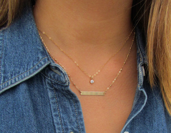 Set of 2 Layering Necklaces - Dainty CZ Solitaire Necklace and Engraved Bar Necklace