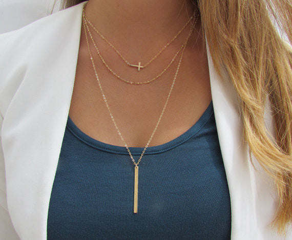 Set of 3 Layering Necklaces - Sideways Cross, Beaded Chain, Long Vertical Bar Necklace