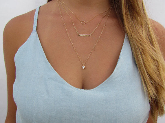 Set of 3 Layering Necklaces - Geometric Square, Small Hammered Bar, Long CZ Charm Necklace