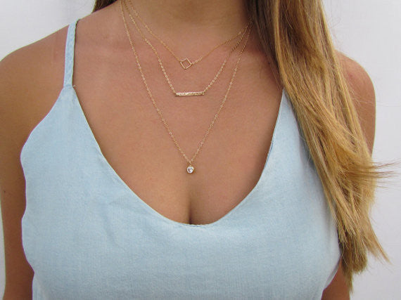 Set of 3 Layering Necklaces - Geometric Square, Small Hammered Bar, Long CZ Charm Necklace