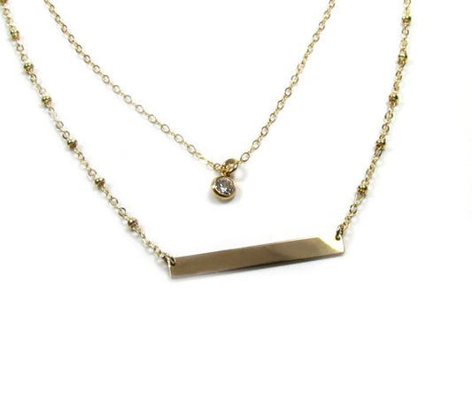 Set of 2 Layering Necklaces - Dainty CZ Solitaire Necklace and Engraved Bar Necklace