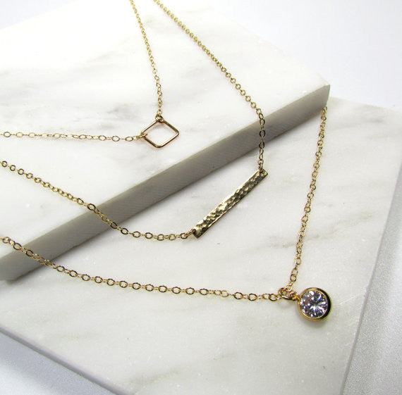 Set of 3 Layering Necklaces - Geometric Square, Small Hammered Bar, Long CZ Charm Necklace