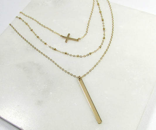 Set of 3 Layering Necklaces - Sideways Cross, Beaded Chain, Long Vertical Bar Necklace