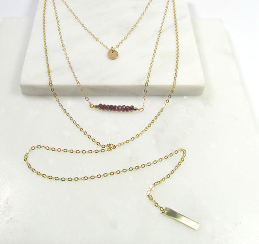 Set of 3 Layering Necklaces - Hammered Tiny Disc, Gemstone Horizontal Bar, Mini Vertical Bar Long Y Necklace
