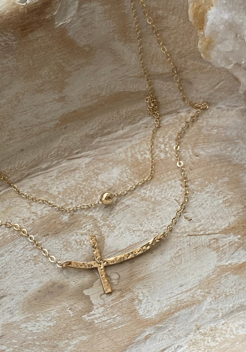 Hammered Curved Sideways Cross Necklace