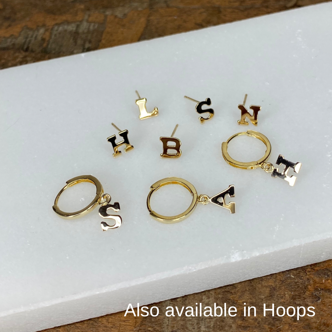 14K Block Initial Stud Earrings