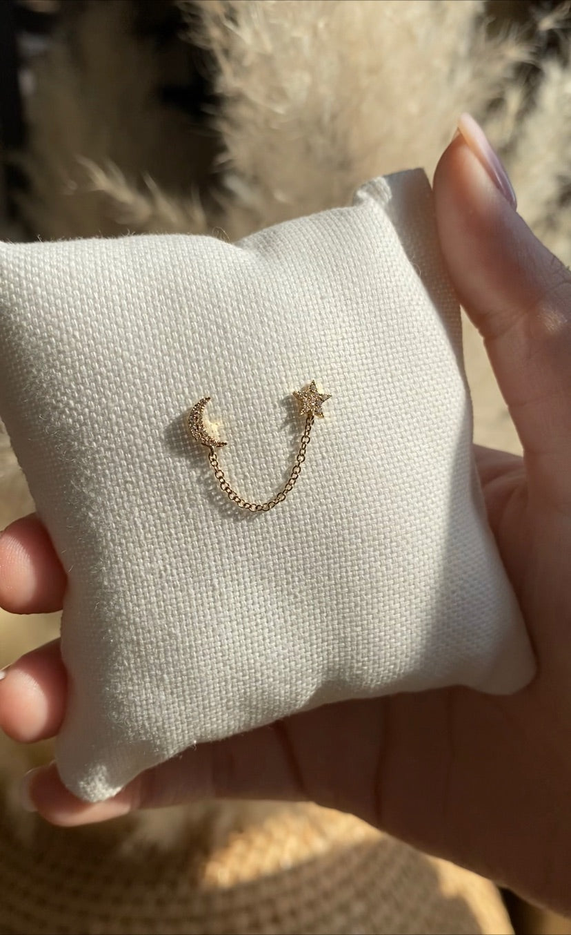 14k Diamond Star + Moon Chain Earrings