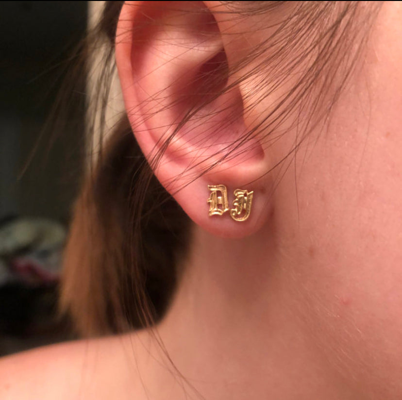 14K Old English Initial Stud Earrings