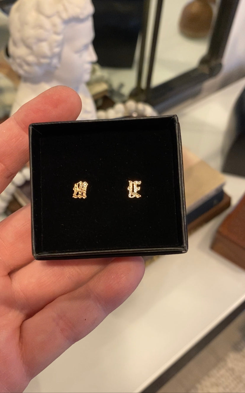 14K Old English Initial Stud Earrings